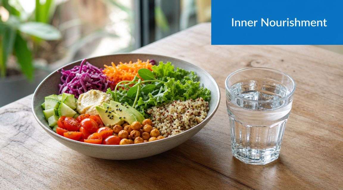 A healthy bowl of salad with fresh vegetables, quinoa, and chickpeas next to a glass of water.