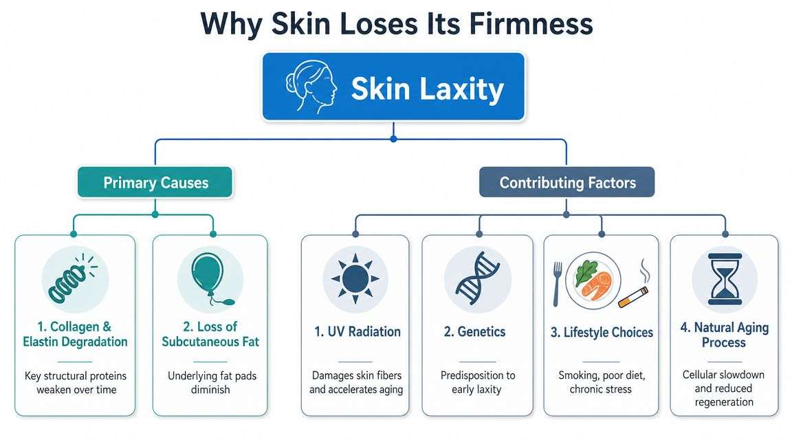 A flowchart explaining the primary causes and contributing factors of skin laxity and loss of firmness.