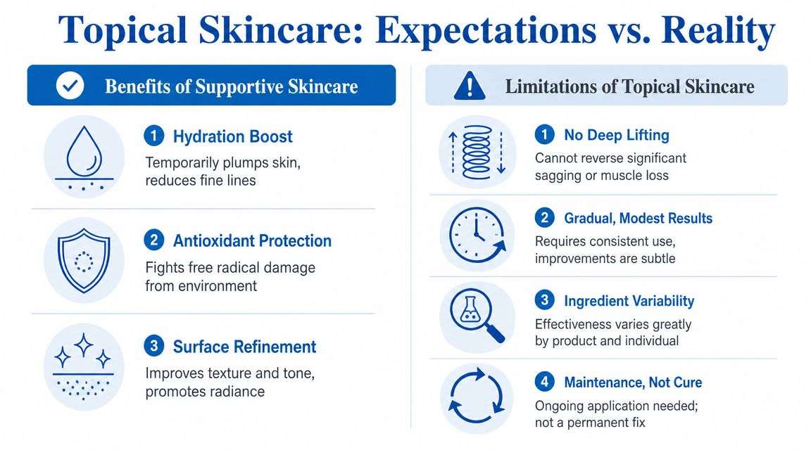 A comparison chart outlining the benefits and limitations of using topical skincare products for skin health.