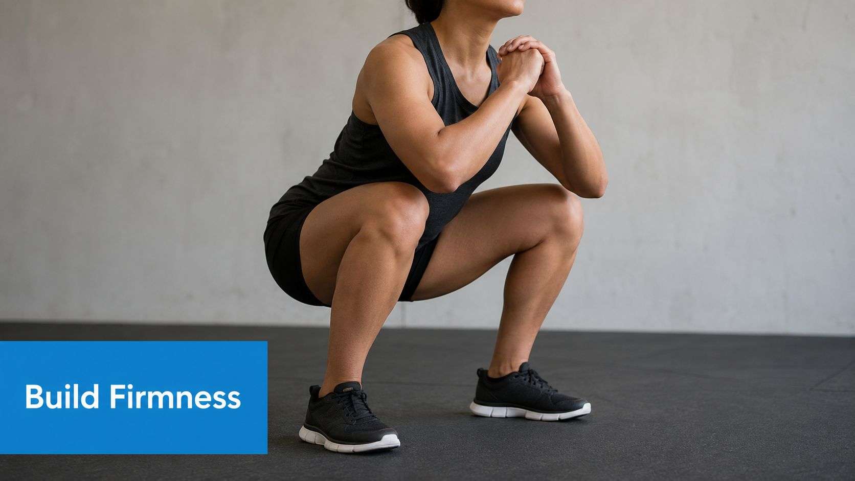 A woman performing a deep squat exercise on a gym floor to help build body firmness.