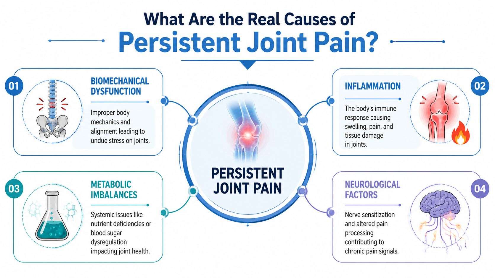 An infographic detailing four primary root causes of persistent joint pain, including biomechanical, inflammatory, metabolic, and neurological factors.