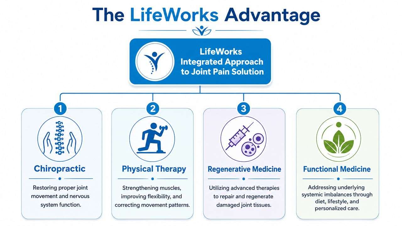 A diagram outlining the four steps of the lifeworks integrated approach to treating chronic joint pain effectively.