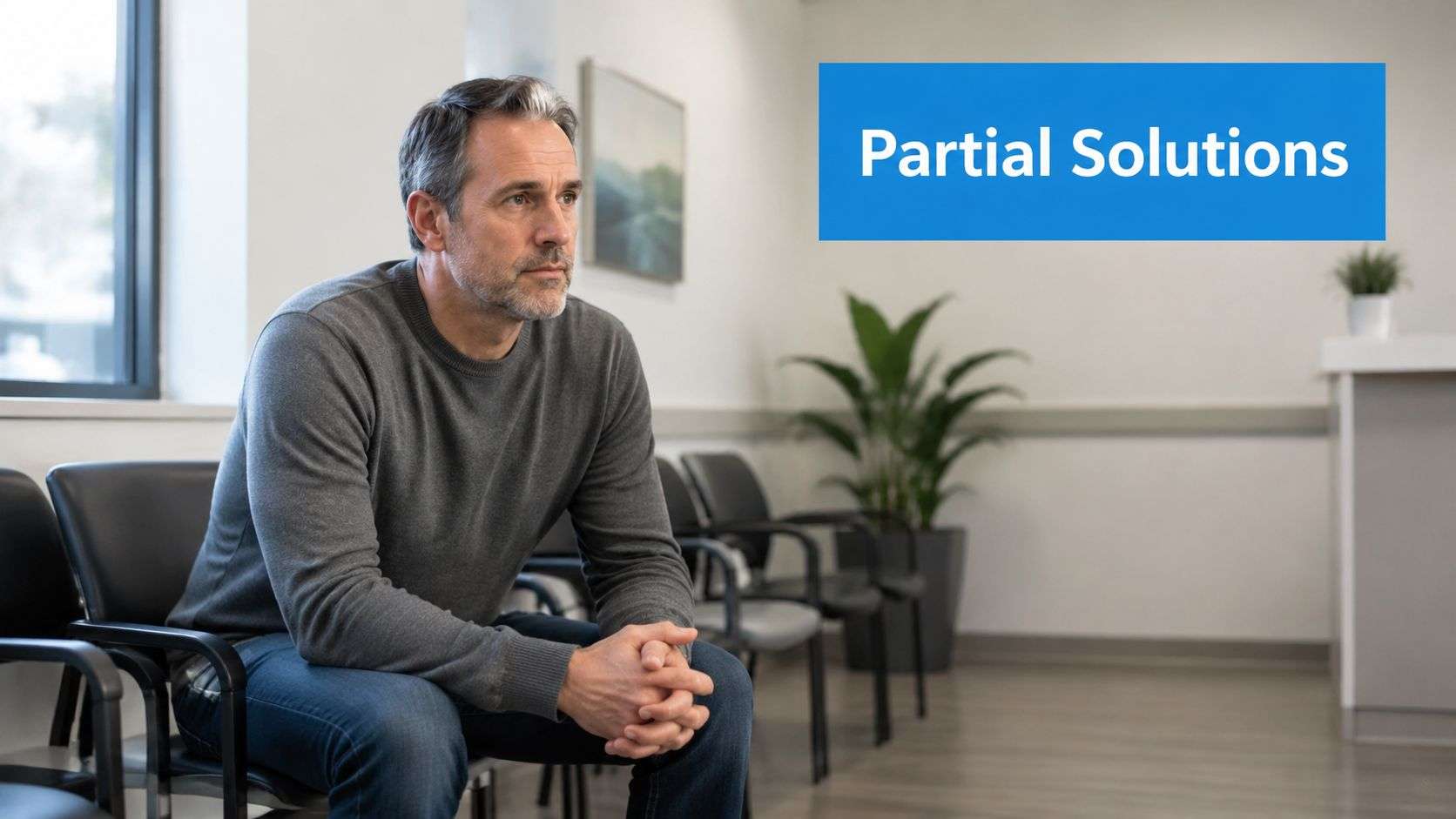 A middle-aged man sitting in a waiting room chair looking thoughtful and concerned about his health.
