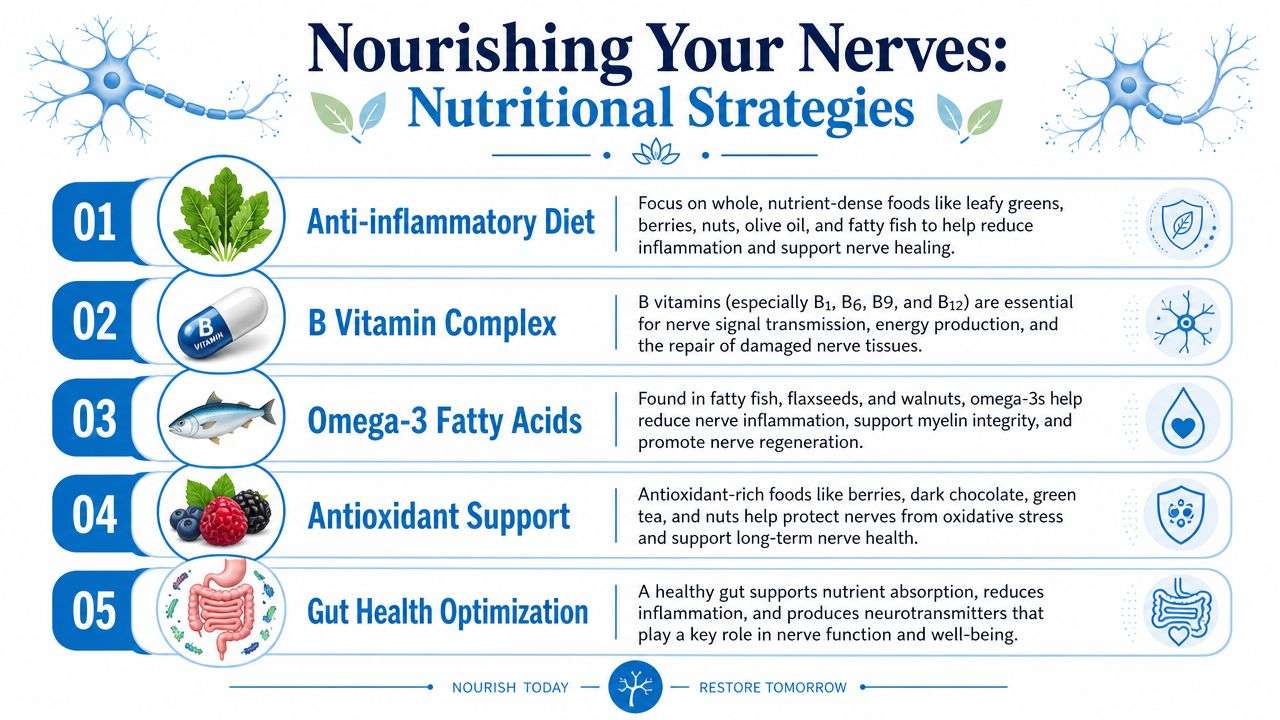 An infographic titled nourishing your nerves listing five nutritional strategies including anti-inflammatory diet and vitamins for nerve health.