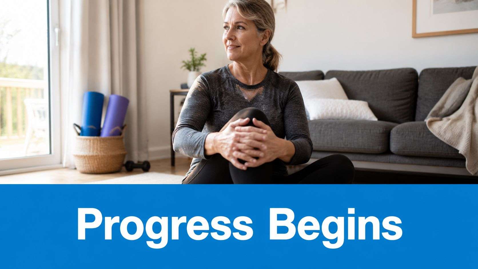 A fit mature woman sitting on a yoga mat at home, ready to begin her exercise routine.
