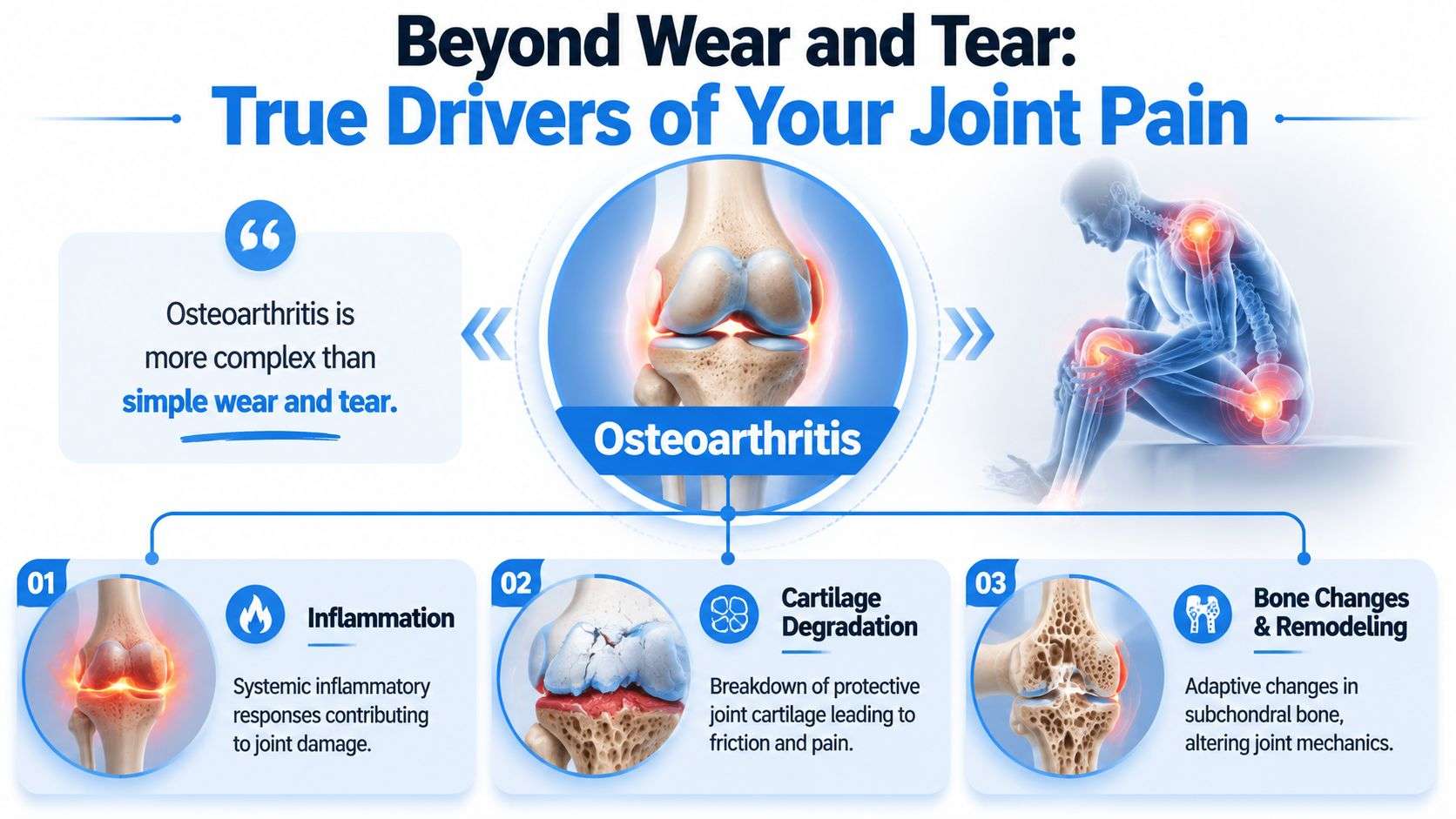 An infographic illustrating three key drivers of osteoarthritis: systemic inflammation, cartilage degradation, and bone changes and remodeling.